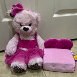 BUILD A BEAR pink bear with rosette top ,tulle skirt headband & play couch